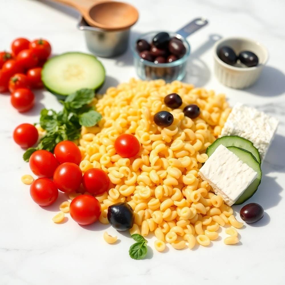 Ditalini pasta, cherry tomatoes, cucumber, olives, and Italian dressing on a wooden surface