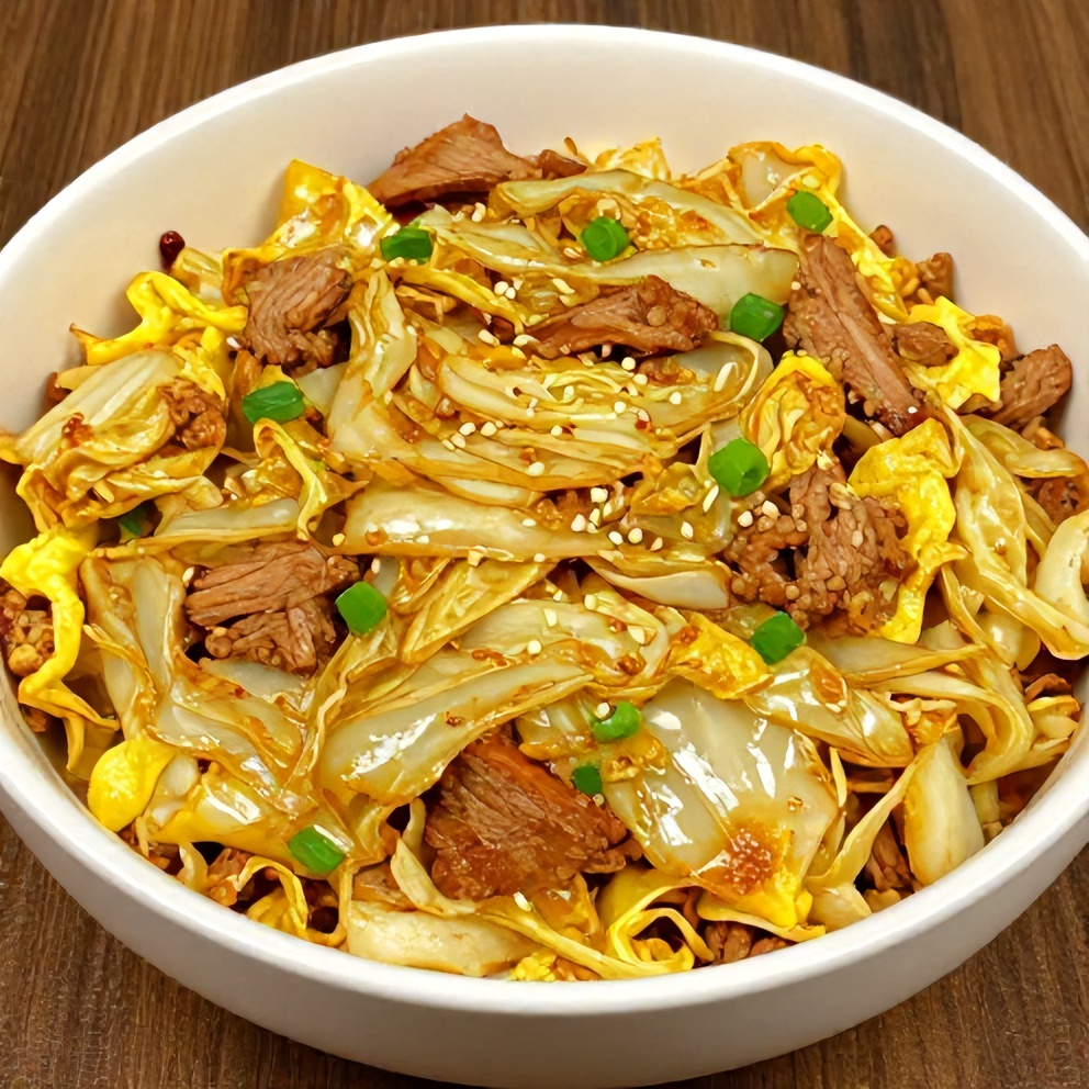 Egg Roll in a Bowl with ground turkey and cabbage, garnished with green onions