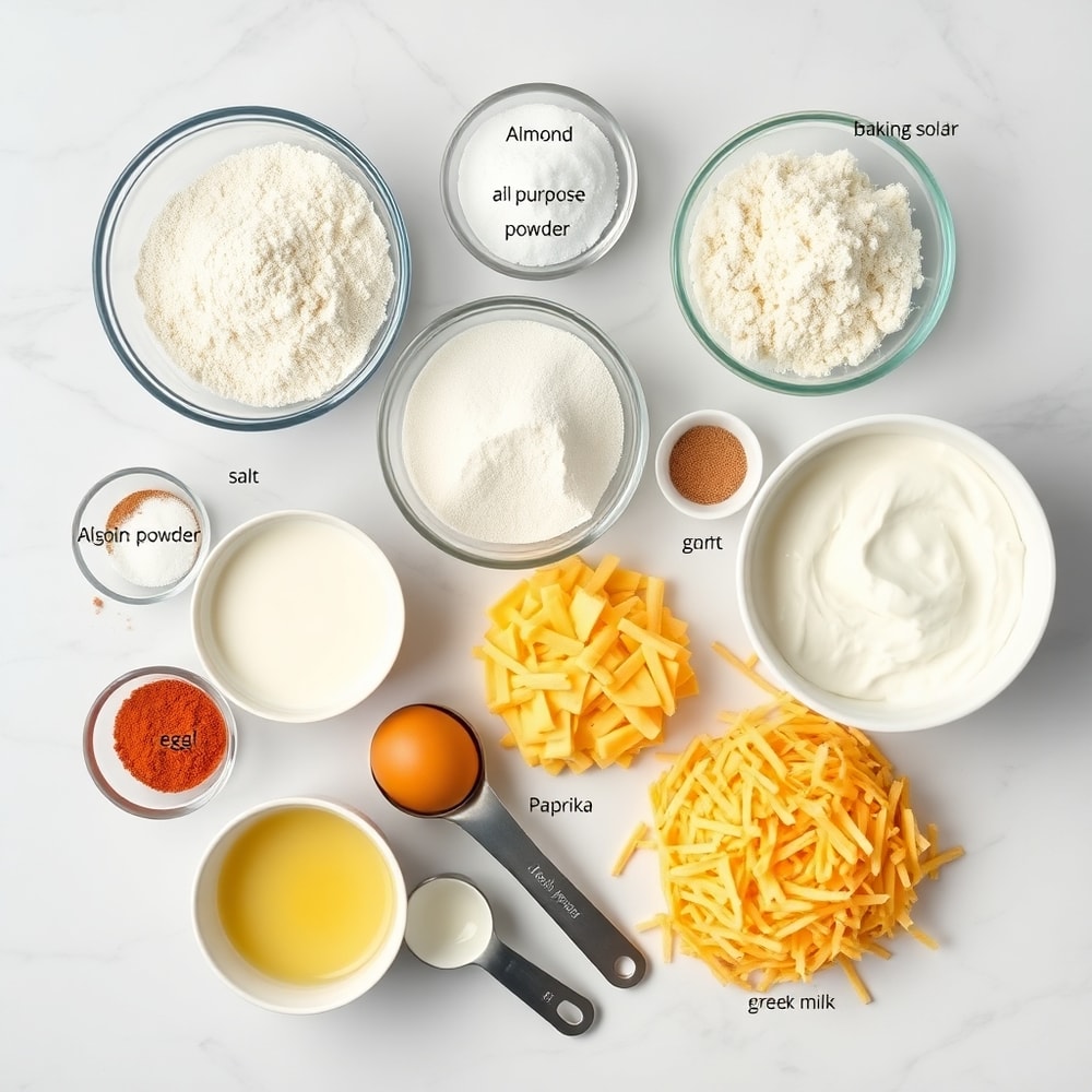 Raw ingredients for protein biscuits on a marble surface