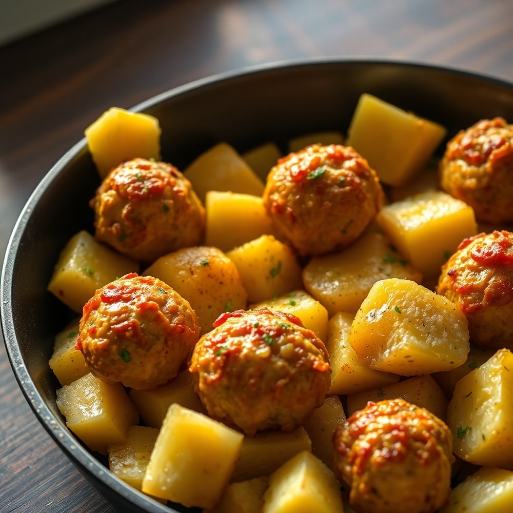 Garlic Butter One-Pan Meatballs and Potatoes