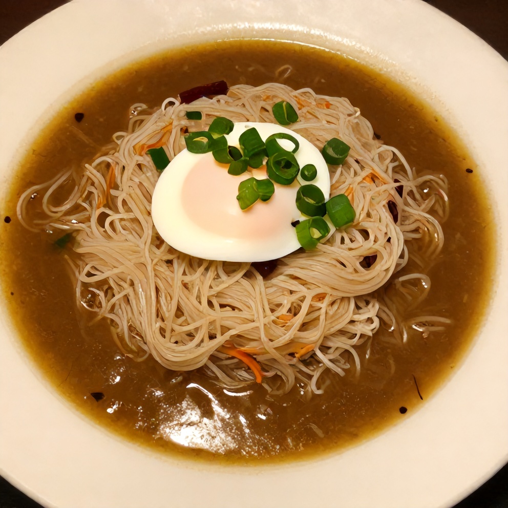 Ginger Garlic Broth with Rice Noodles on a plate
