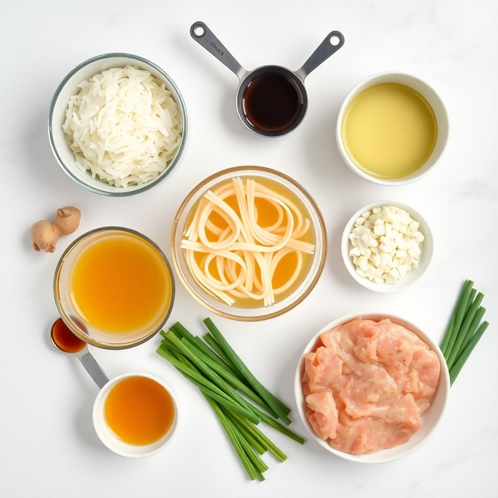 Ingredients for Ginger Garlic Broth with Rice Noodles on a wooden surface