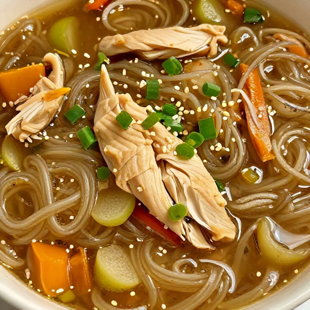 Bowl of Ginger Scallion Chicken Noodle Soup garnished with green onions