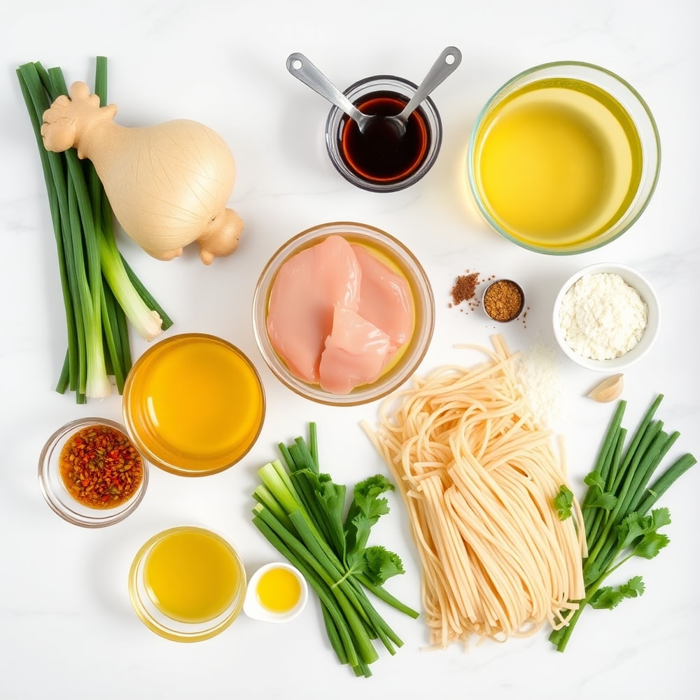 Ginger Scallion Chicken Noodle Soup ingredients laid out