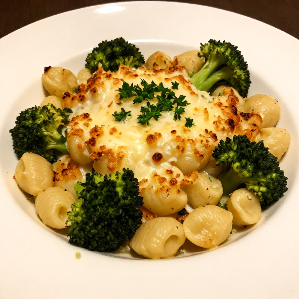 Plated serving of gnocchi broccoli bake