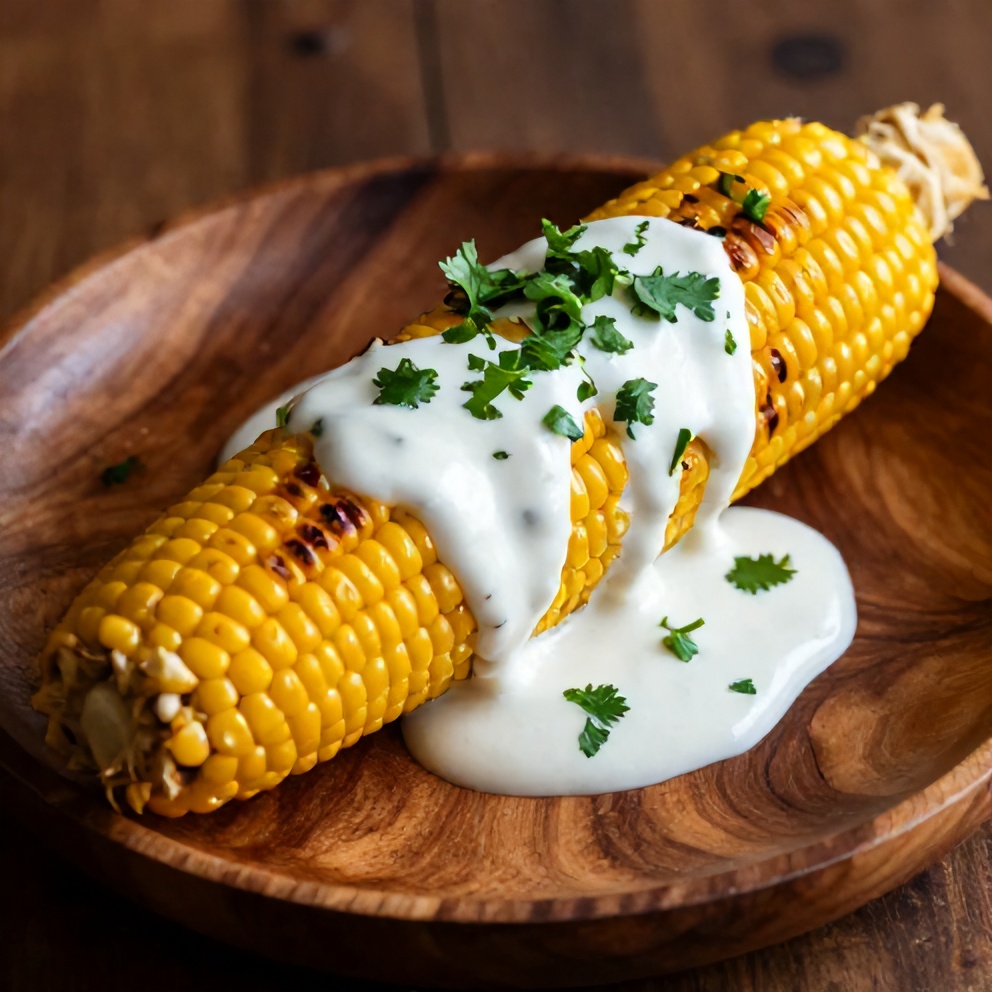 Plated grilled corn on the cob with chili lime yogurt sauce
