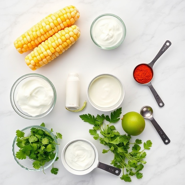 Raw ingredients for grilled corn with chili lime yogurt sauce