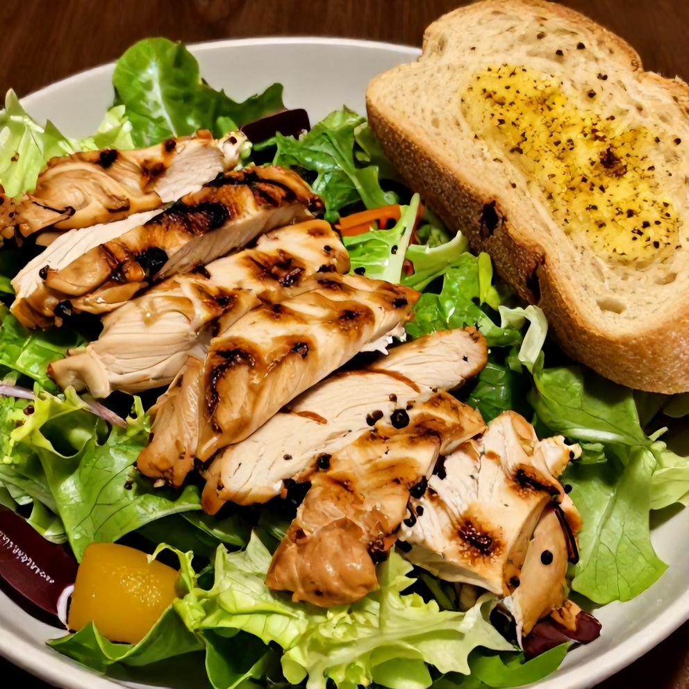 Plated high protein grilled chicken cobb salad with a side of garlic bread