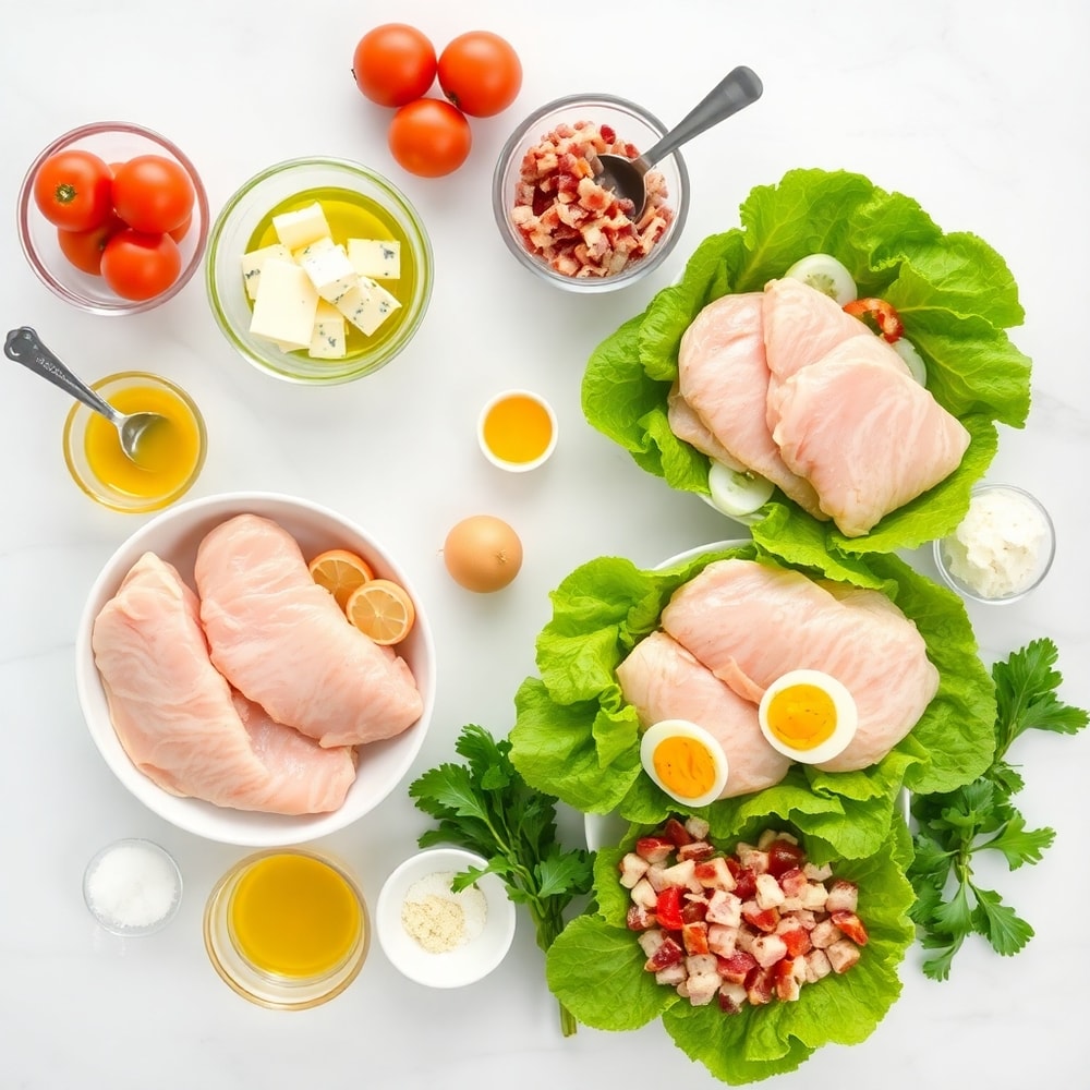 Raw ingredients for high protein grilled chicken cobb salad on a white marble surface