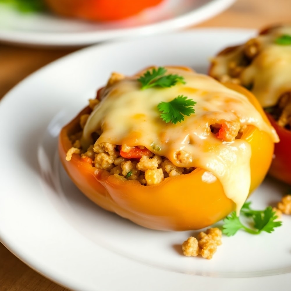 Plated serving of easy high-protein stuffed bell peppers