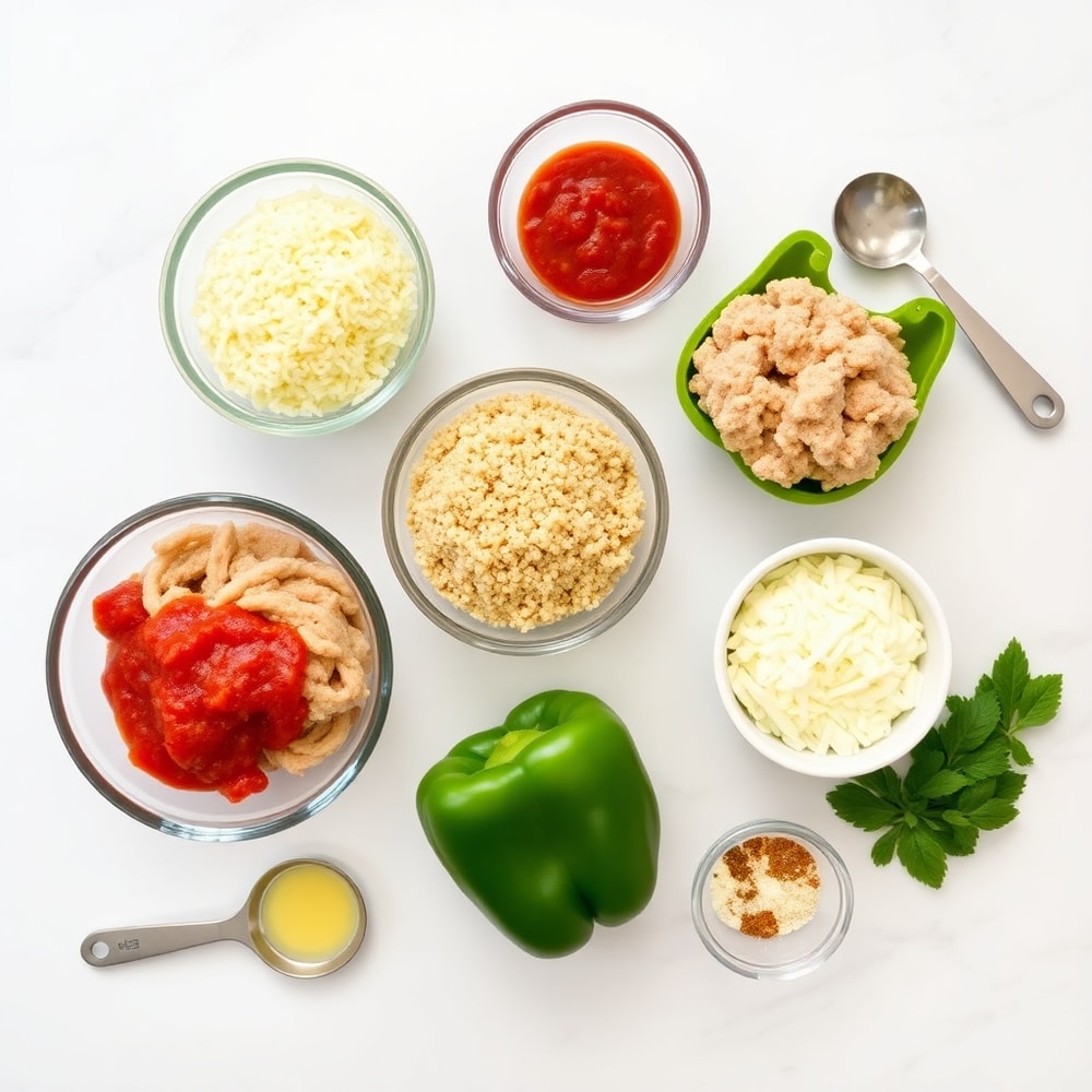 Raw ingredients for stuffed bell peppers on a marble surface