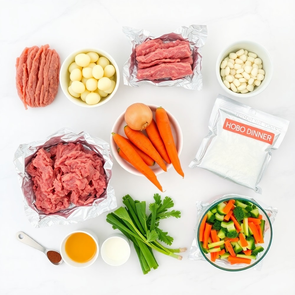 Ingredients for Hobo Dinner Foil Packets on marble surface