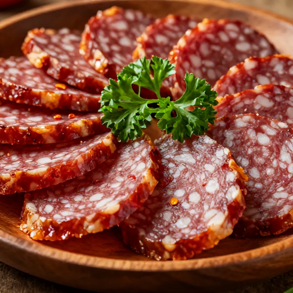 Plated vegan salami with garnish