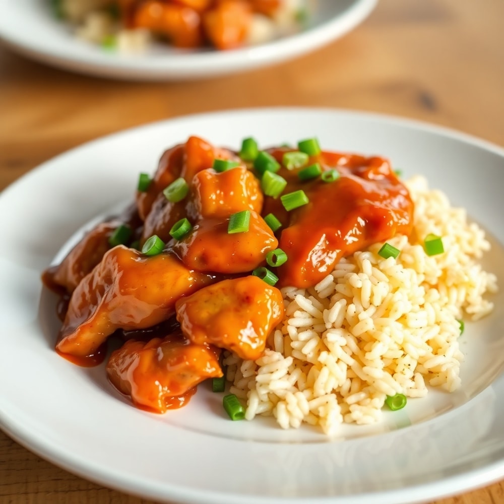 Honey BBQ Chicken and Rice plated with garnish