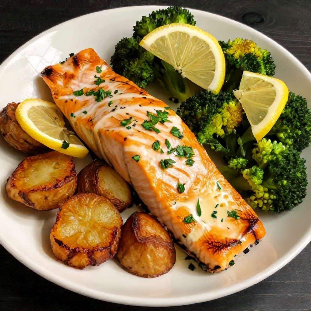 Plated Easy Lemon Butter Salmon with crispy potatoes and broccoli