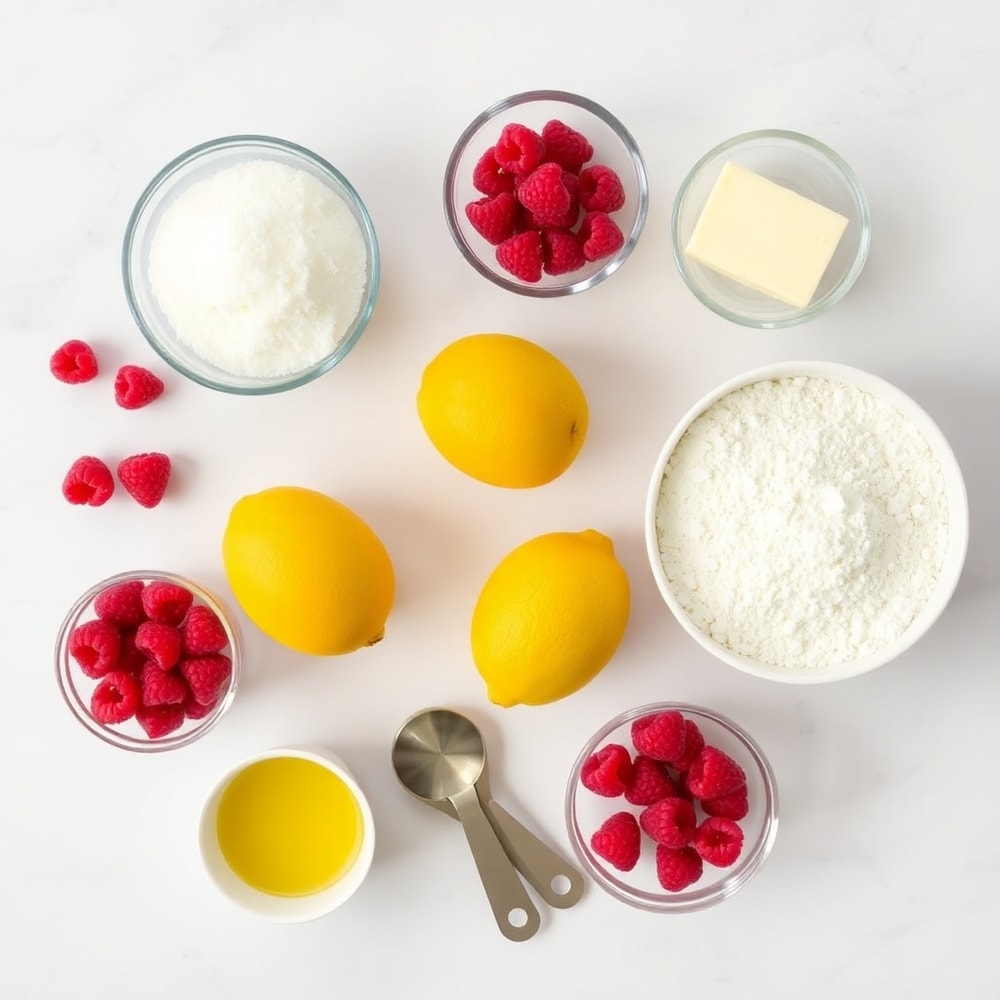 Ingredients for Lemon Raspberry Bars on a marble surface