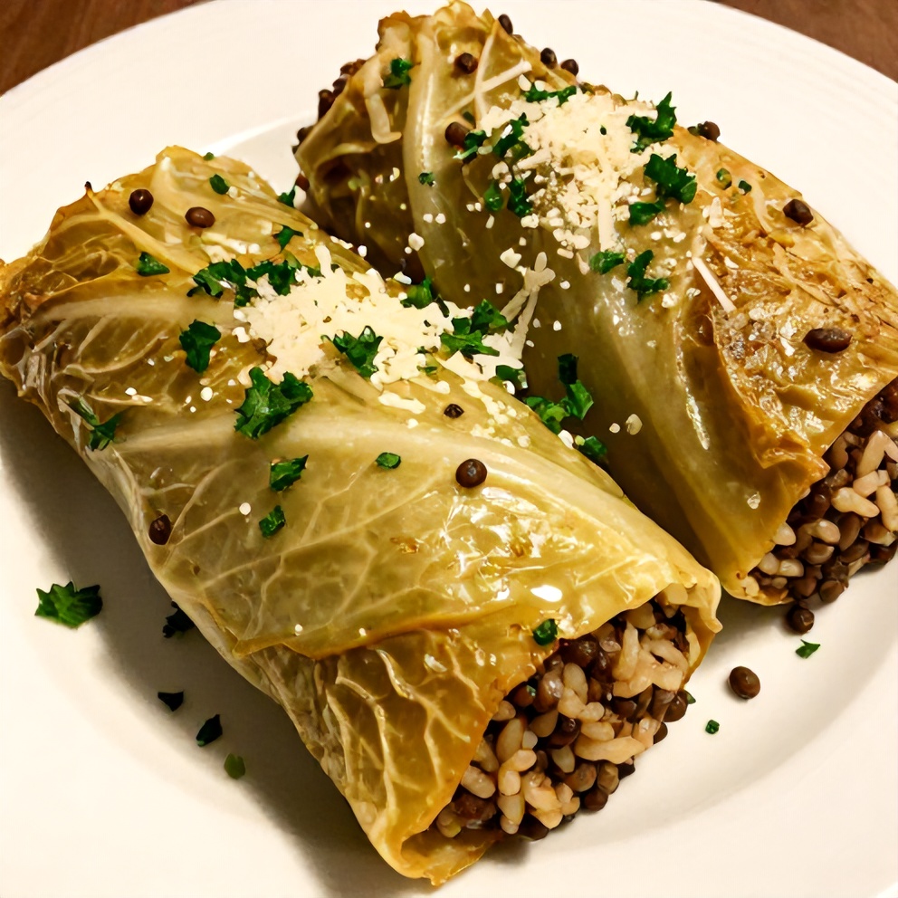 Plated serving of lentil and rice stuffed cabbage rolls