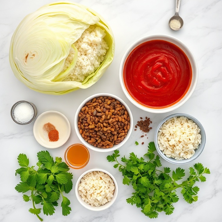 Raw ingredients for lentil and rice stuffed cabbage rolls
