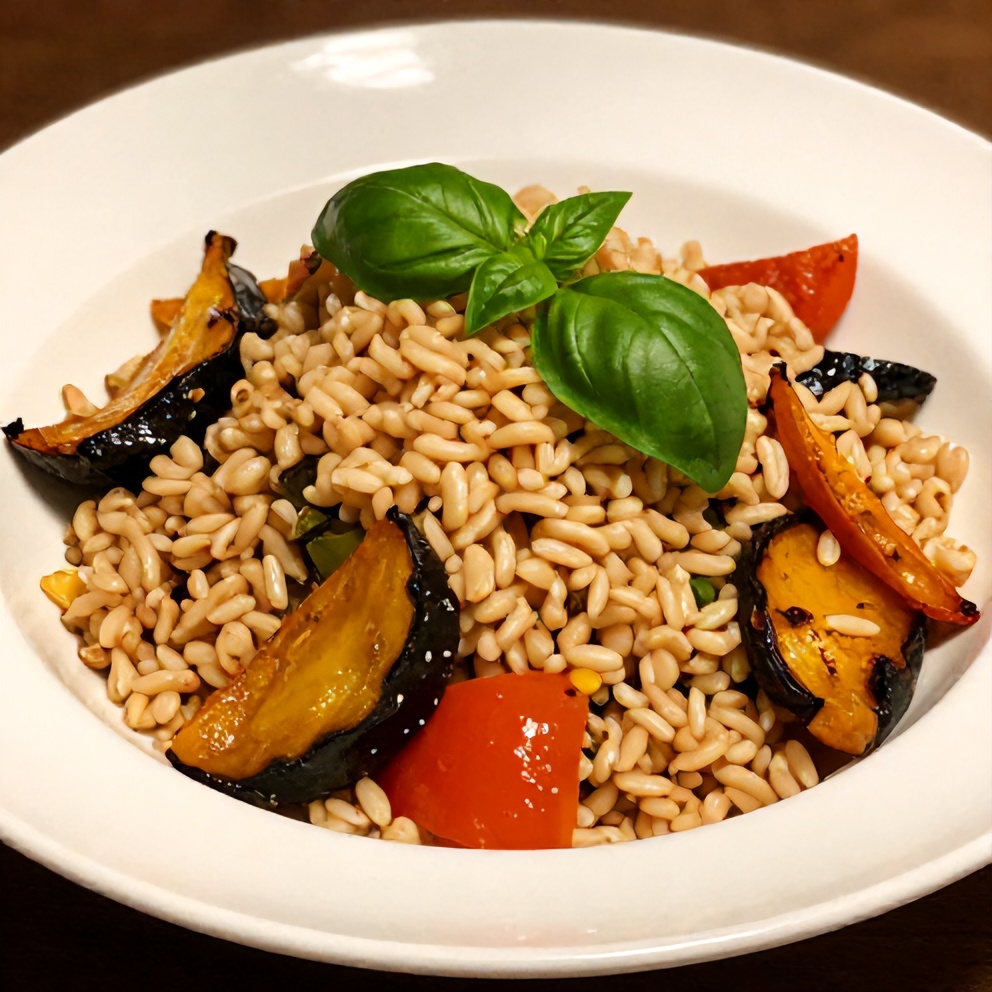 Plated serving of farro salad with roasted vegetables