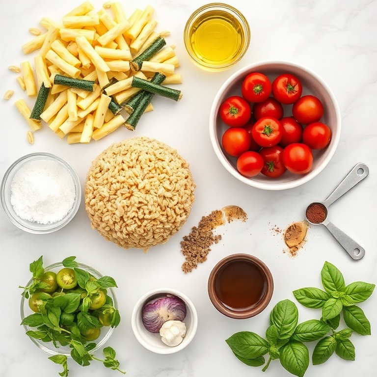 Raw ingredients for farro salad with roasted vegetables