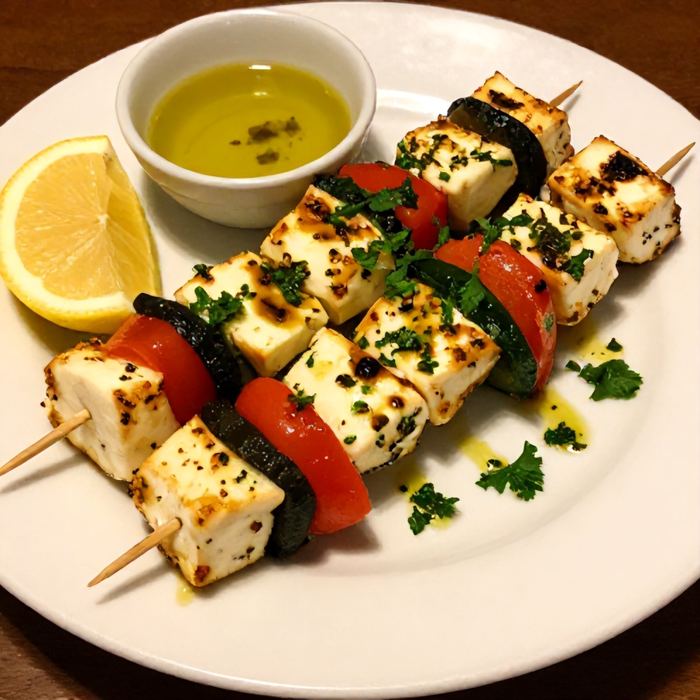 Plated Mediterranean Halloumi Skewers with herb sauce