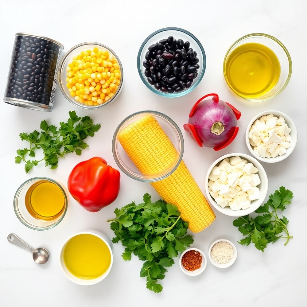 Raw ingredients for Mexican Bean Salad on a white marble surface