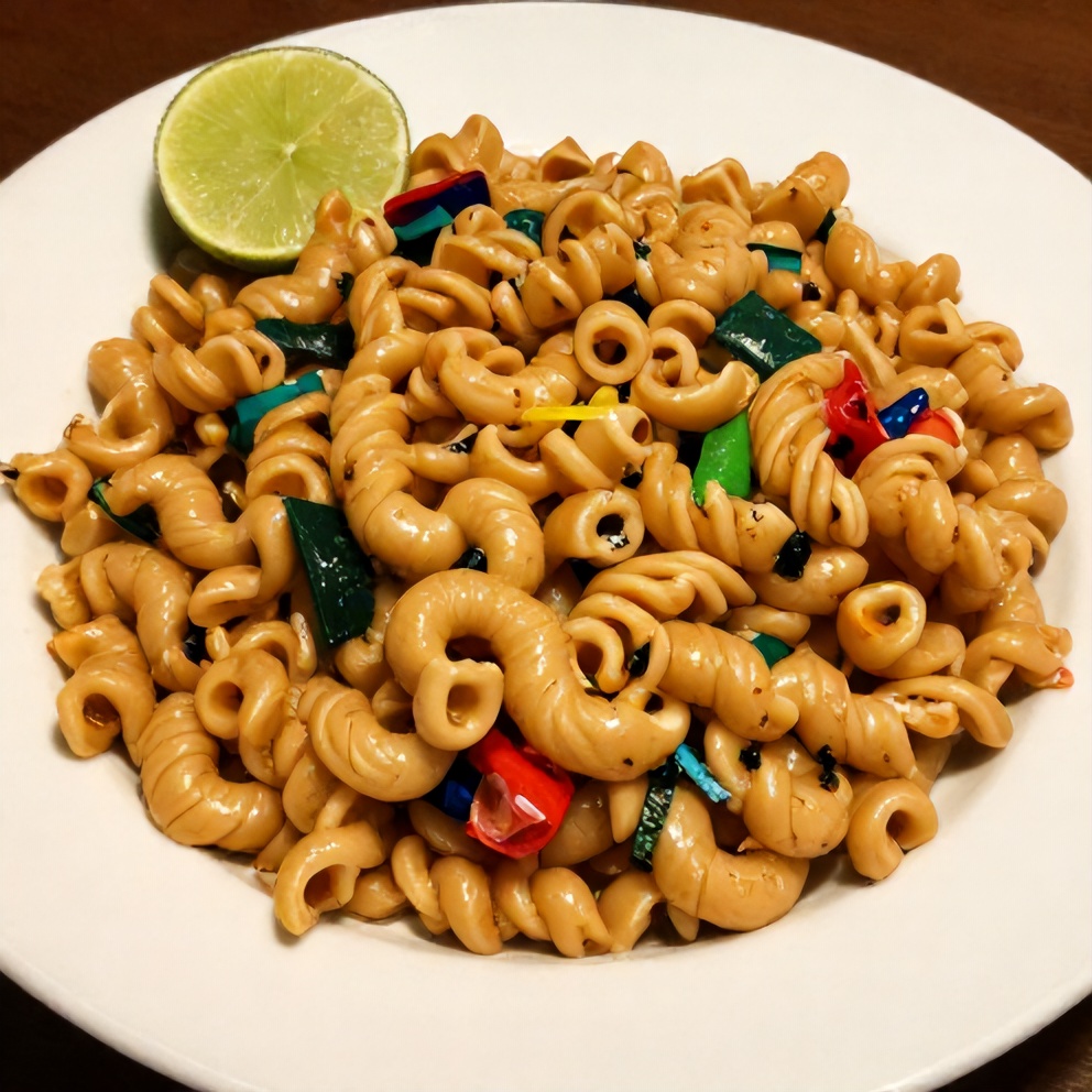 Plated serving of Mexican Macaroni Salad with a lime wedge