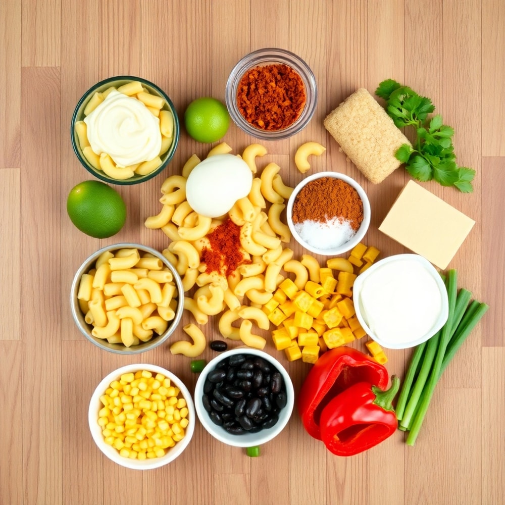 Raw ingredients for Mexican Macaroni Salad on a wooden surface