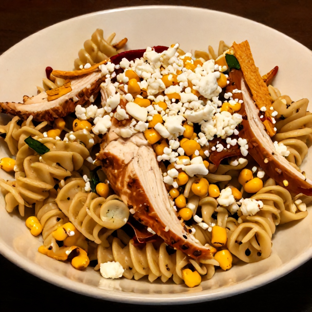 Mexican Street Corn Chicken Pasta Salad served in a bowl with a lime wedge