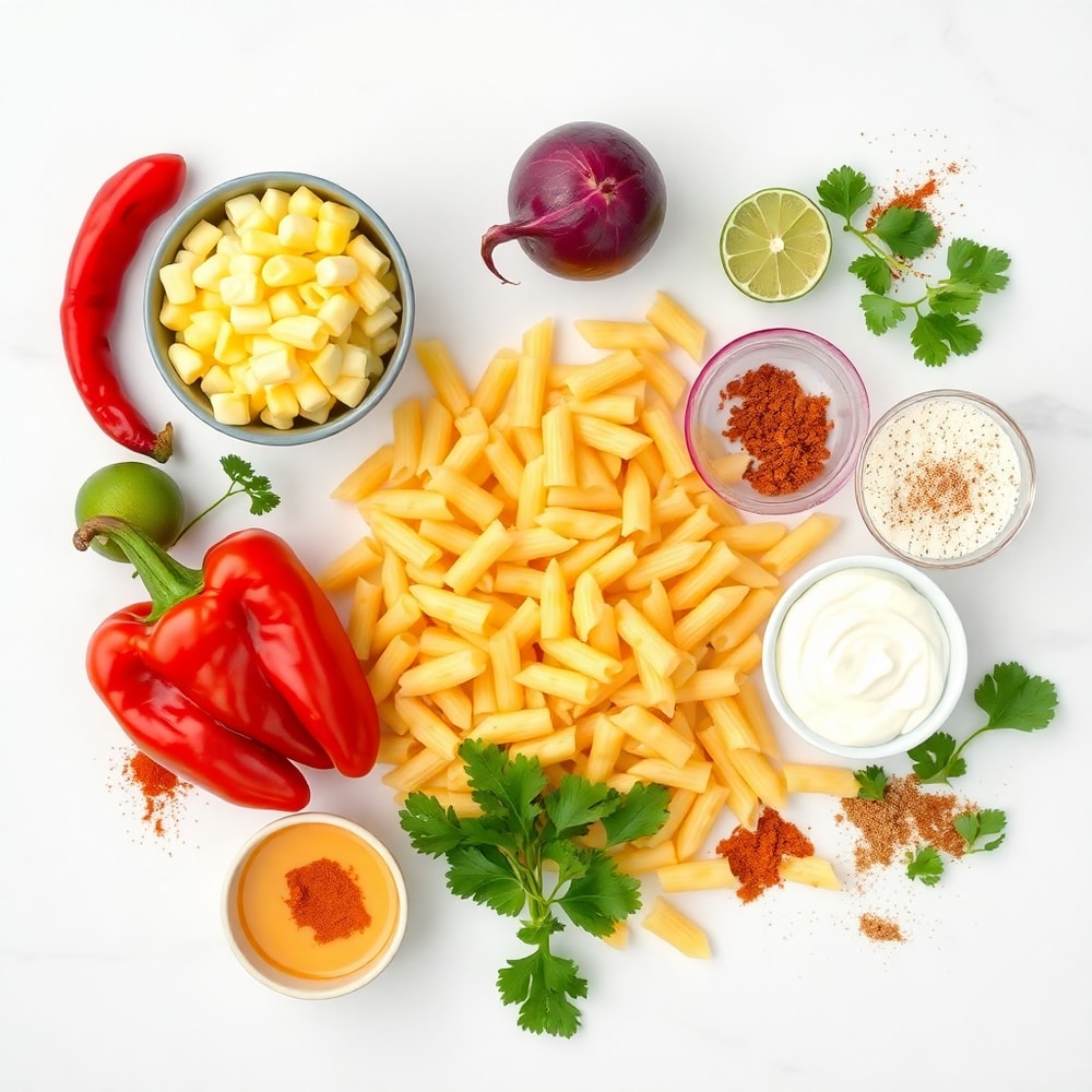Raw ingredients for Mexican Street Corn Chicken Pasta Salad on a wooden surface