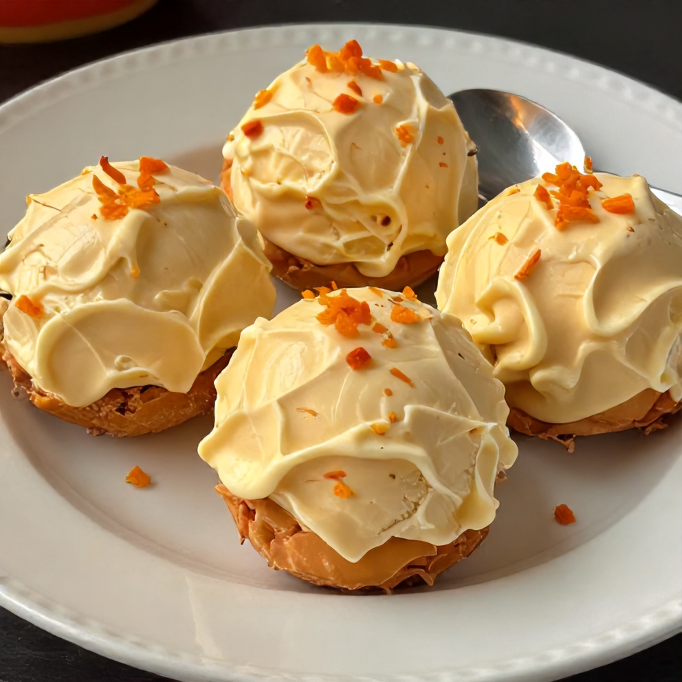 Orange creamsicle truffles on a white plate with a spoon