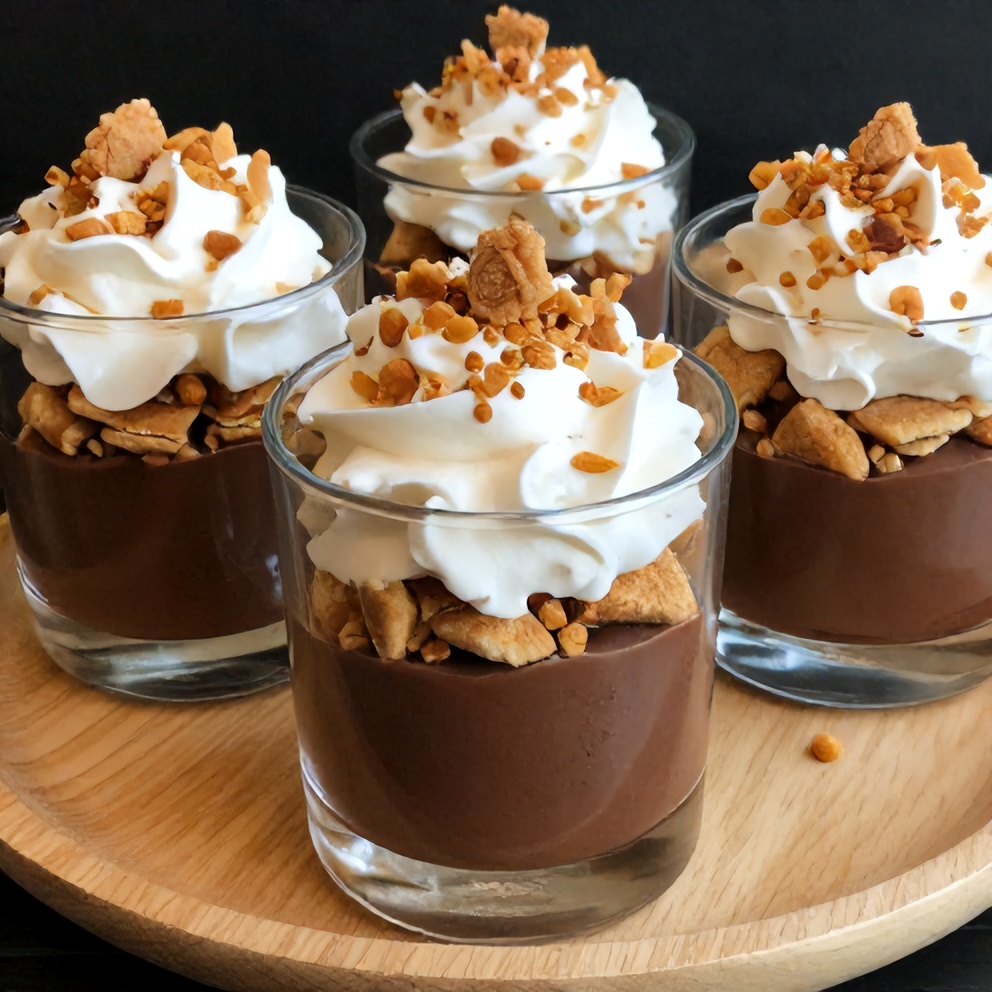 Finished No Bake S’mores Pudding Cups with creamy chocolate pudding, whipped cream, and crushed graham crackers