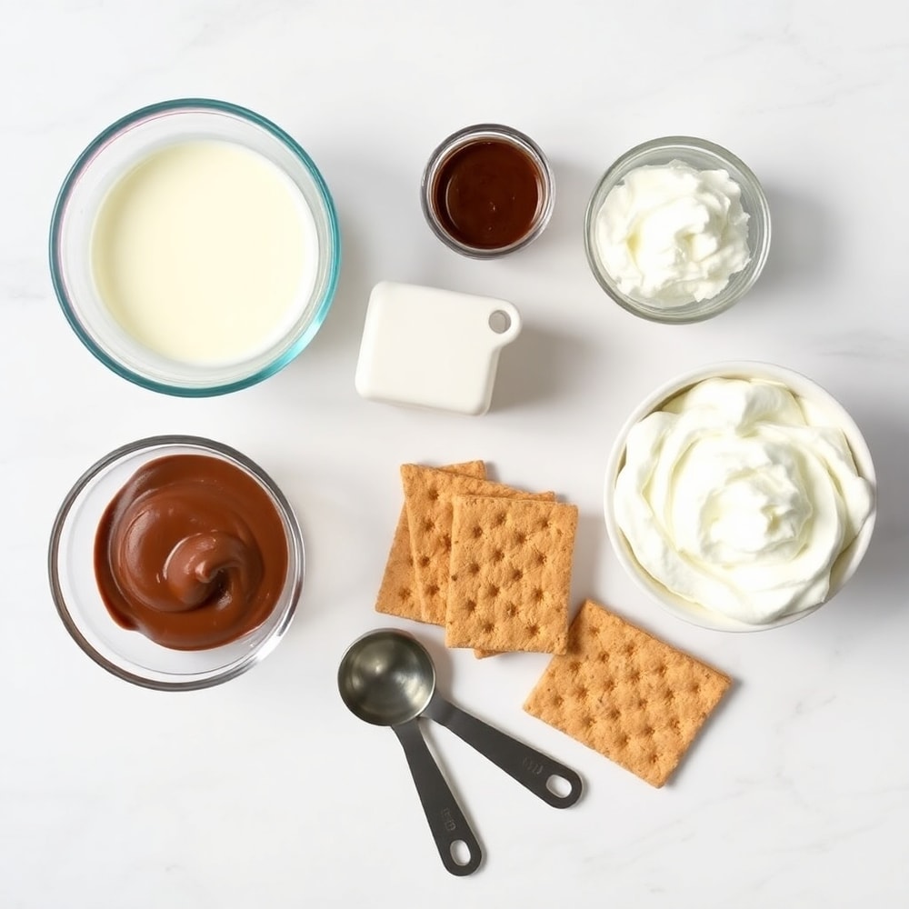 Raw ingredients for No Bake S’mores Pudding Cups including chocolate pudding mix, milk, graham crackers, and whipped cream