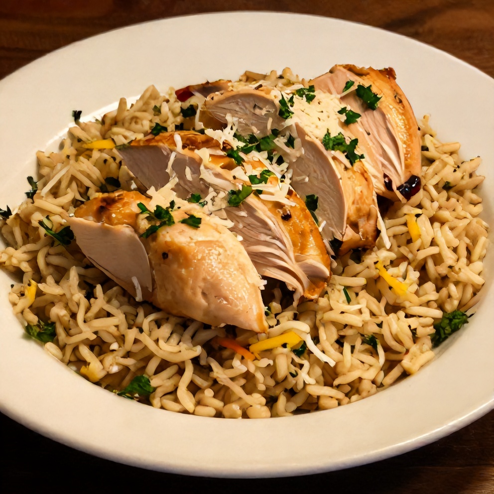 Easy one-pan lemon chicken and rice dinner plated
