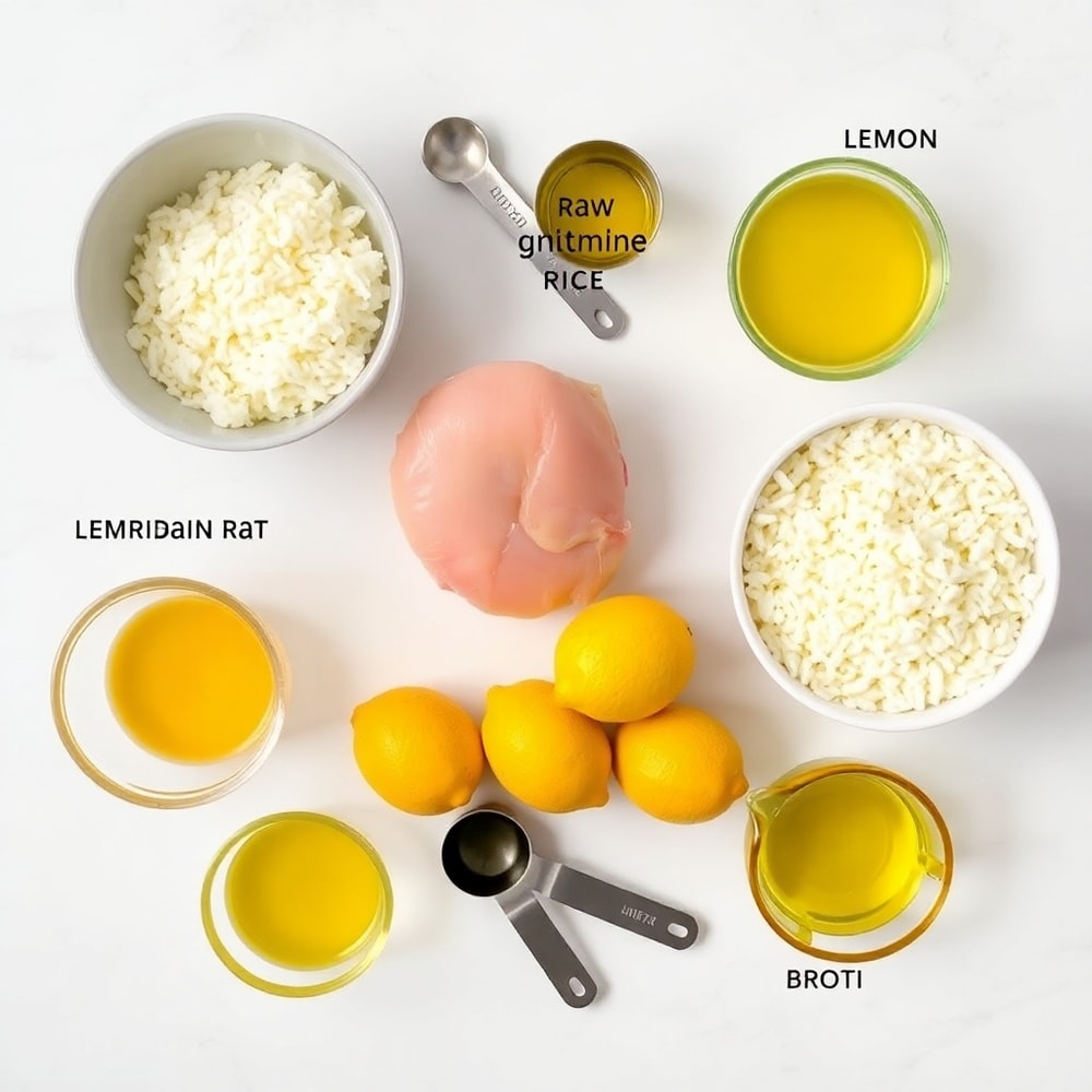 Raw ingredients for easy one-pan lemon chicken and rice dinner