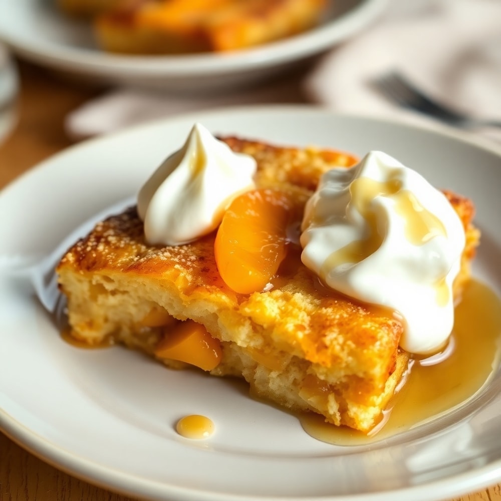Easy Peach Cobbler French Toast Bake ready to serve