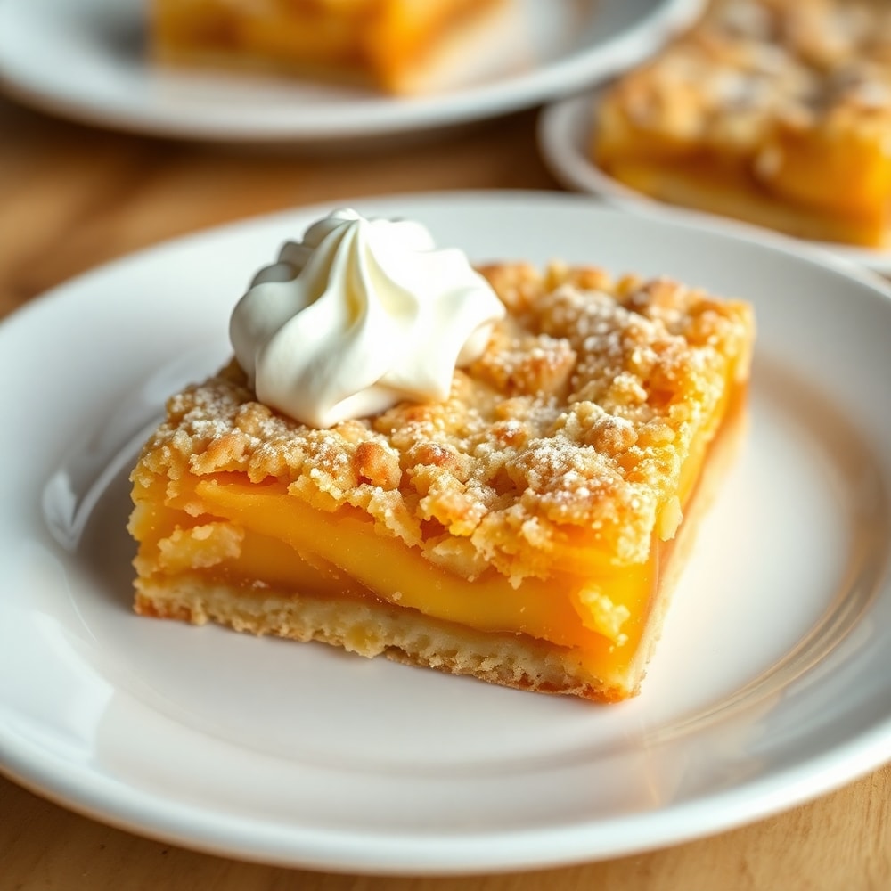 One perfect plated serving of Peaches and Cream Crumble Bars on a white plate