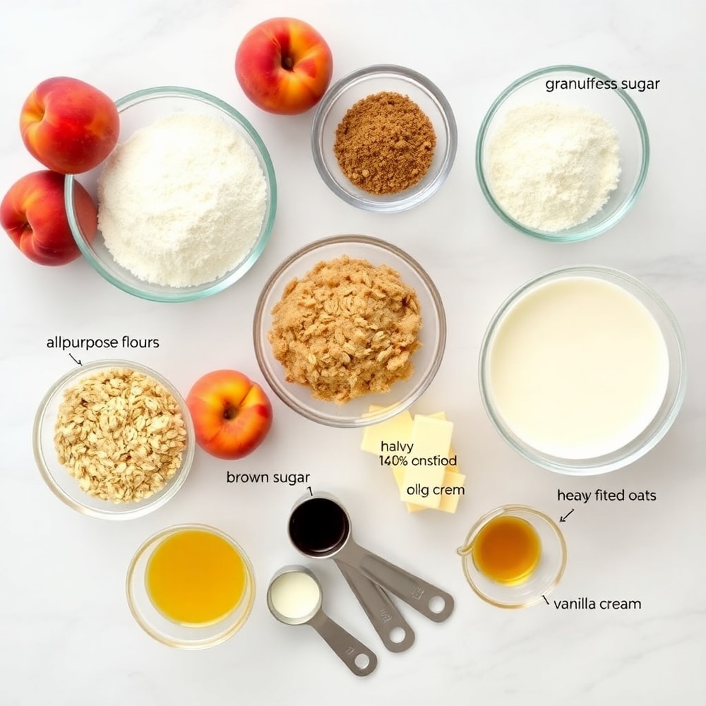 Raw ingredients for Peaches and Cream Crumble Bars arranged on a white marble surface