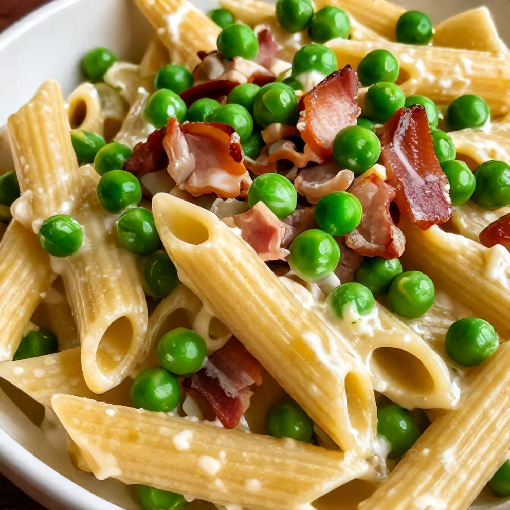 penne pasta with peas and bacon