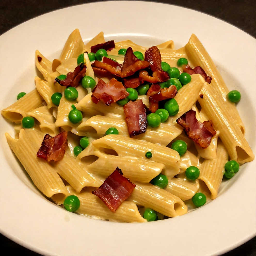 Plated penne pasta with peas and bacon