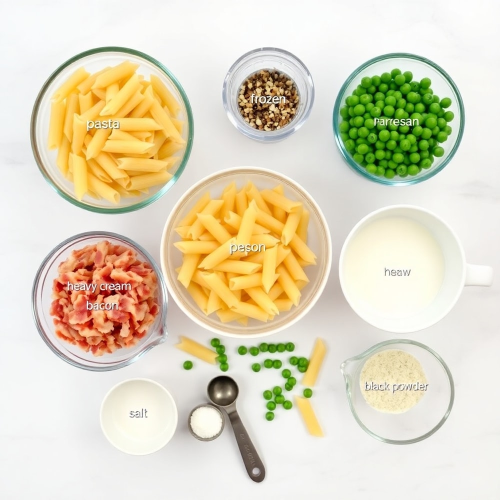 Raw ingredients for penne pasta with peas and bacon