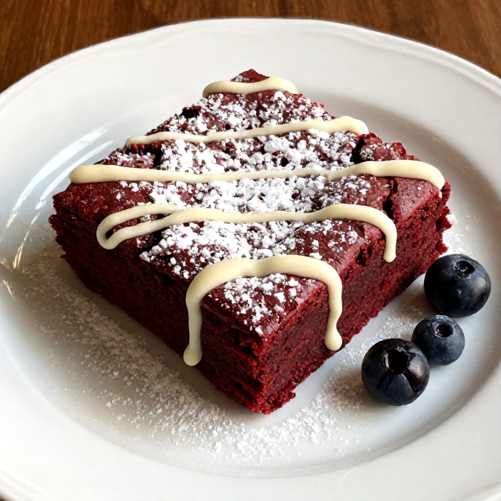Red velvet brownie with white chocolate drizzle on a fork