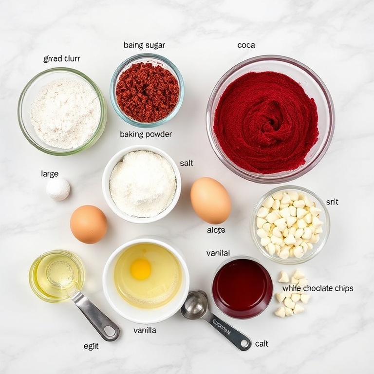 Red velvet brownie ingredients on a marble counter