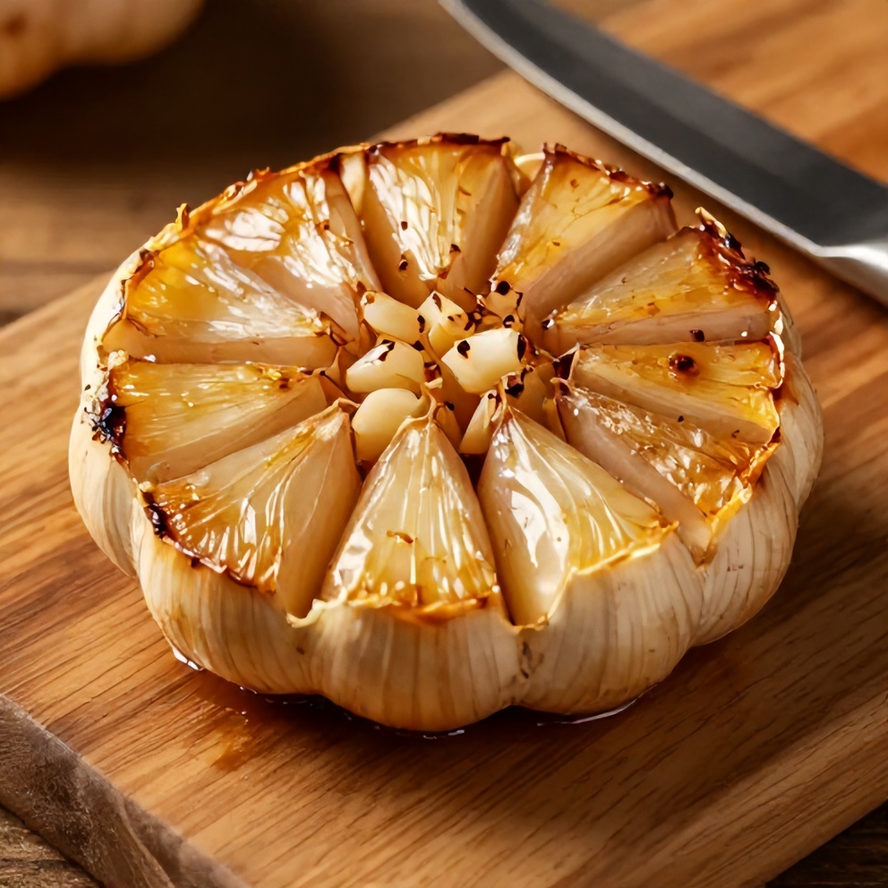 Close-up of roasted garlic cloves on a wooden board with a knife