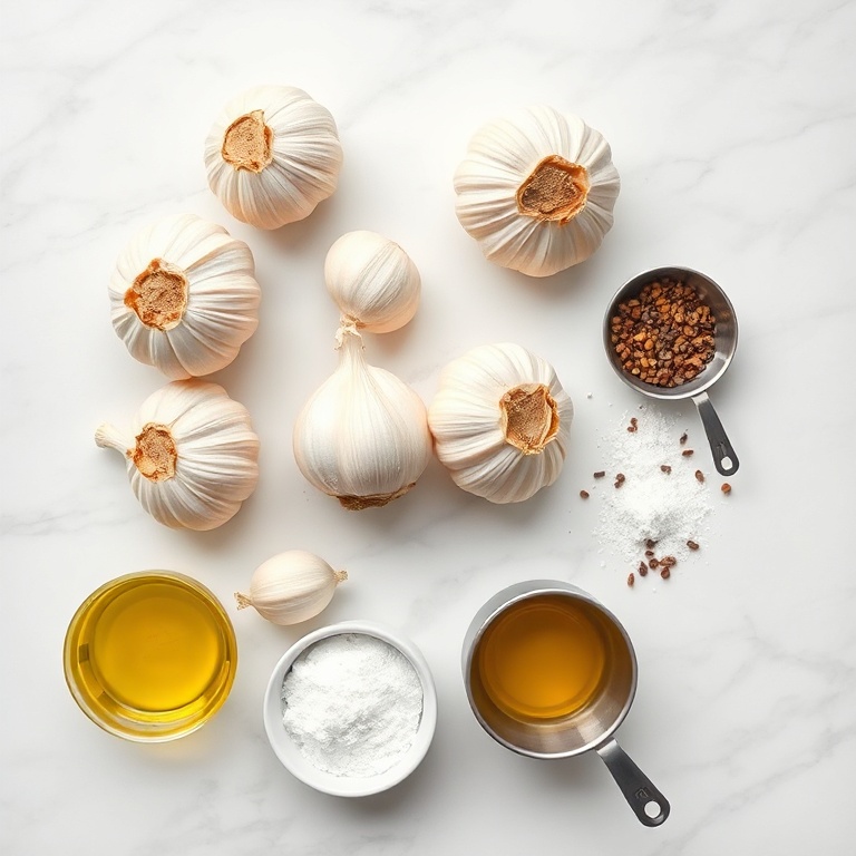 Whole garlic bulbs, olive oil, salt, and pepper arranged on a marble surface