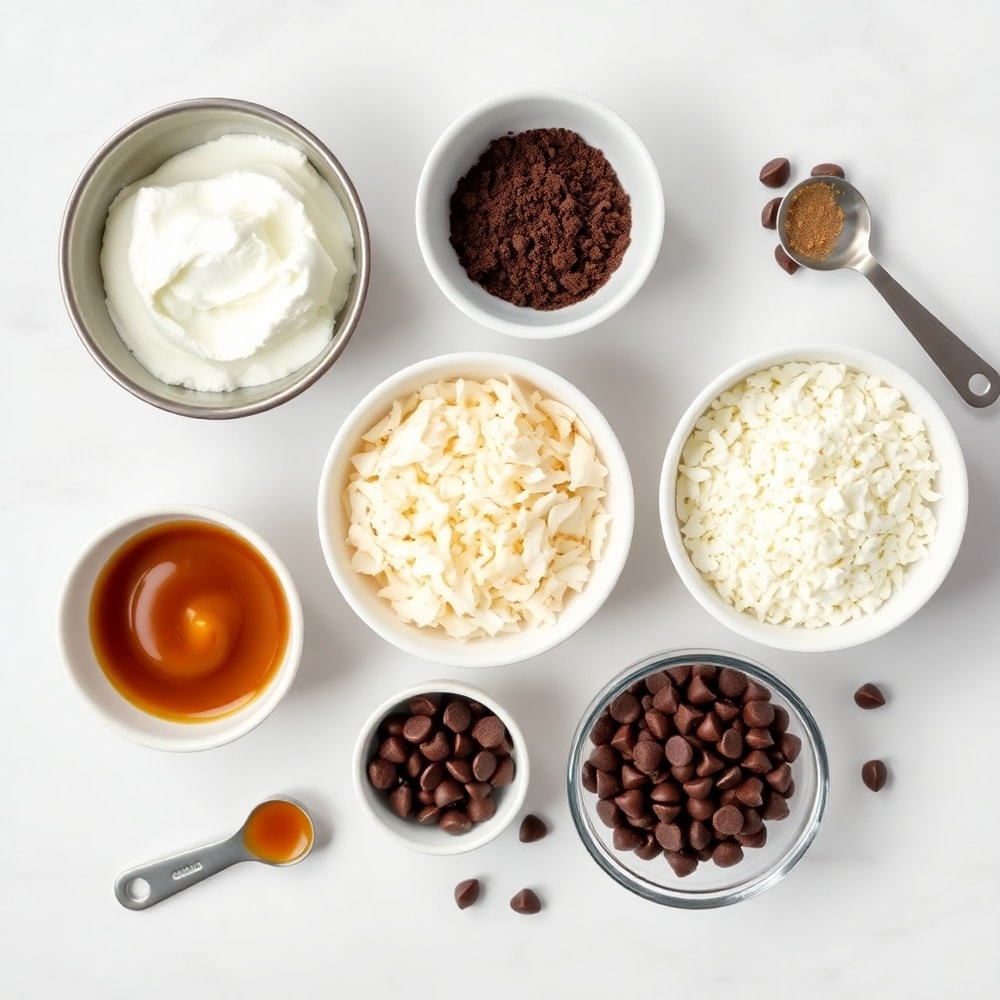 Raw ingredients for Samoa truffles: Greek yogurt, powdered sugar, cocoa powder, coconut flakes, caramel sauce, chocolate chips