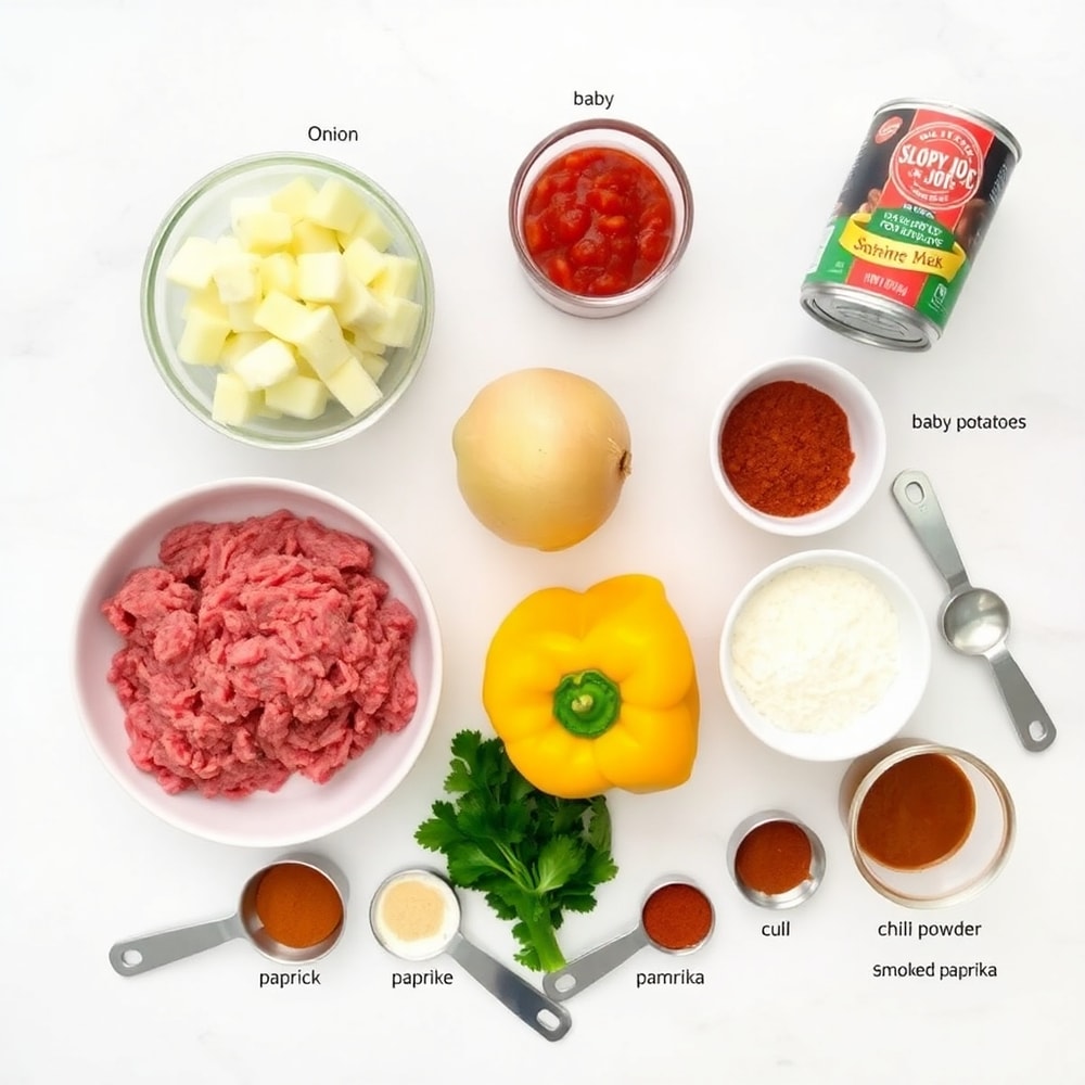 Raw ingredients for Sloppy Joe Potato Skillet: ground beef, potatoes, onion, bell pepper, canned tomatoes, Sloppy Joe sauce