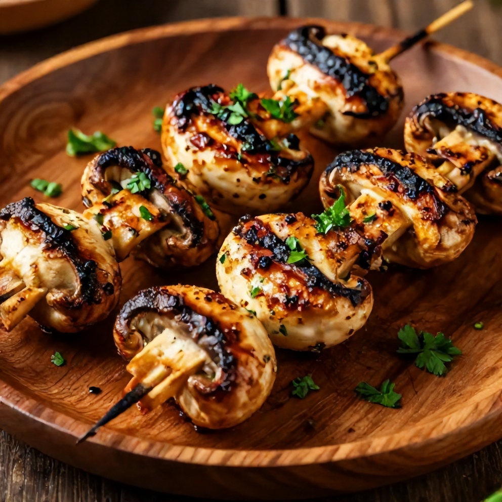 Grilled mushroom skewers on a plate with parsley garnish
