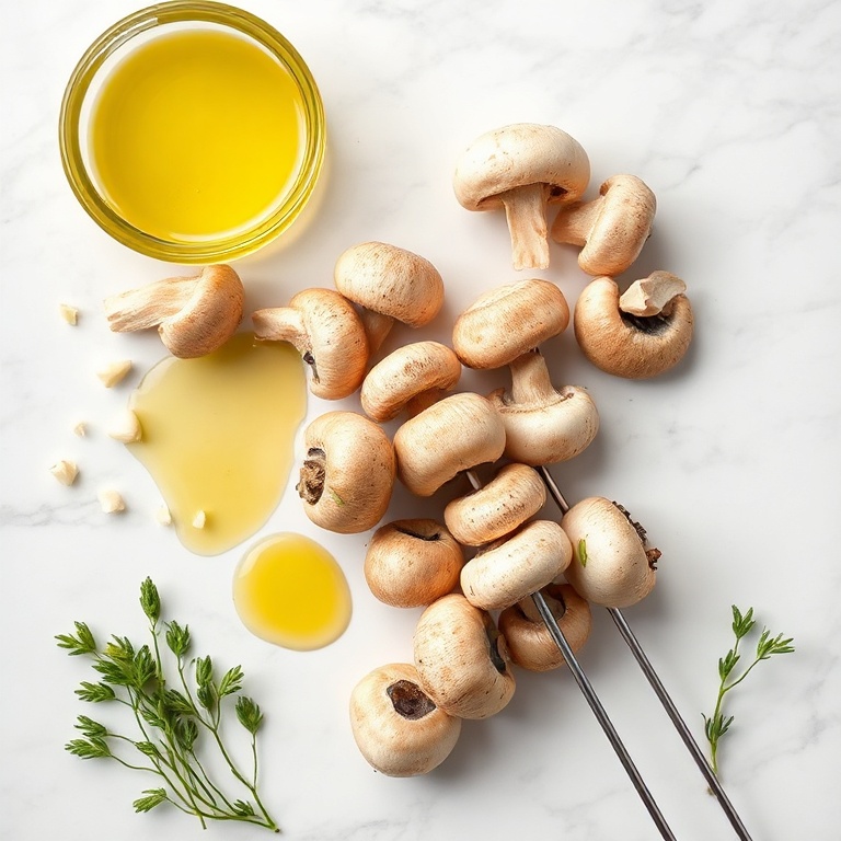 Raw mushrooms, garlic, olive oil, and skewers on a marble surface