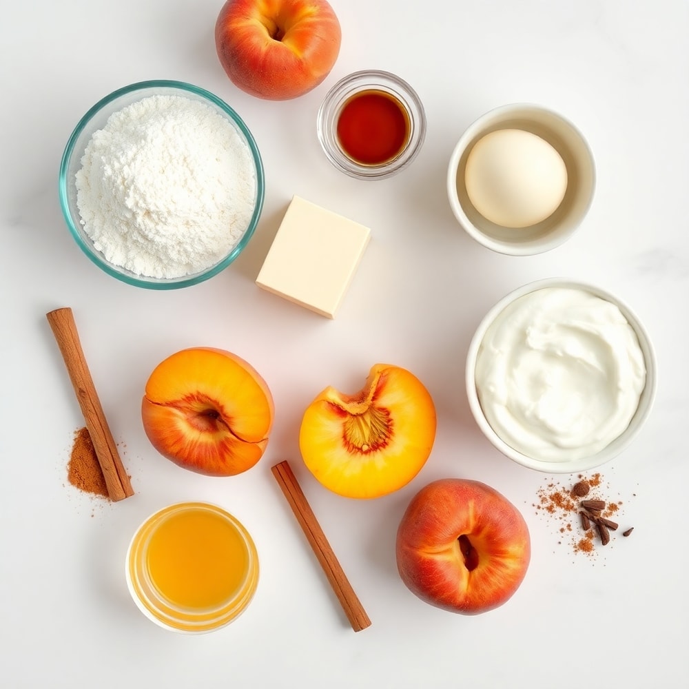Raw ingredients for Easy Spiced Peach Bread on a marble surface